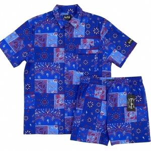Men's  3XL XL And Medium Blue Patchwork Paisley Short Set